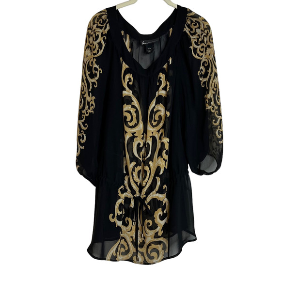 Lane Bryant Womens Sheer Blouse Size 18/20 Black Gold Peplum Hem Waist Tie - Picture 1 of 7